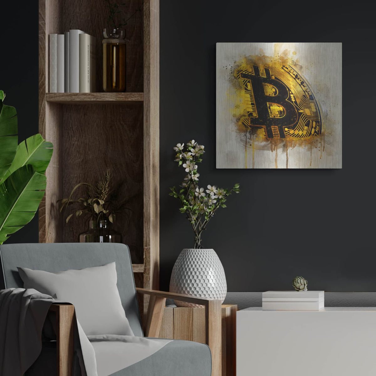 'Bitcoin Era in Gold' by Surma and Guillen – Metal Wall Art, 24x24 room view