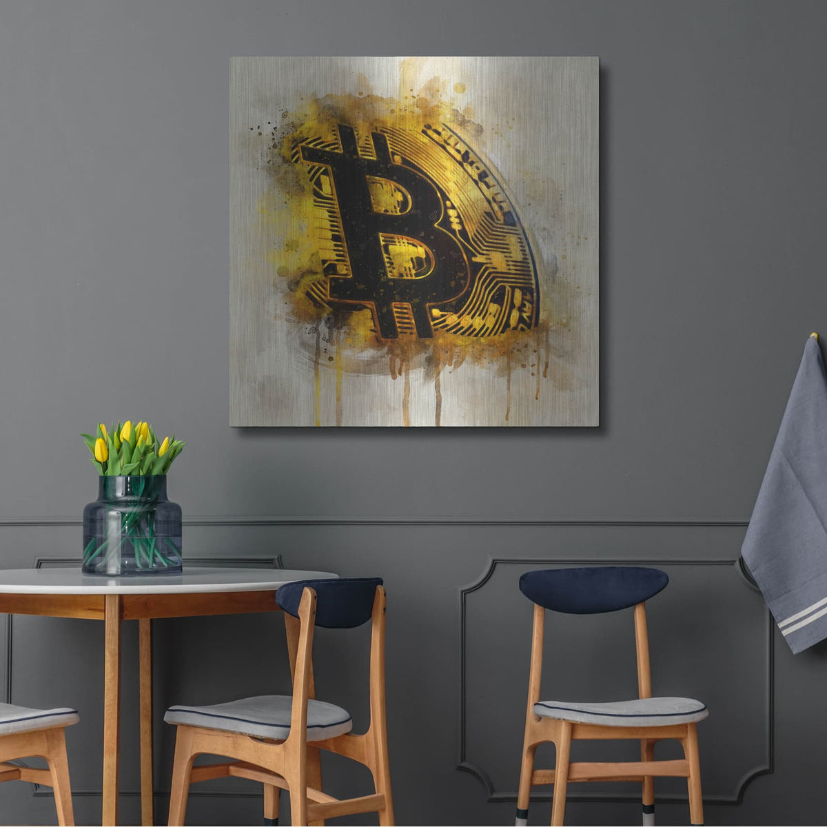 'Bitcoin Era in Gold' by Surma and Guillen – Metal Wall Art, 36x36 room view