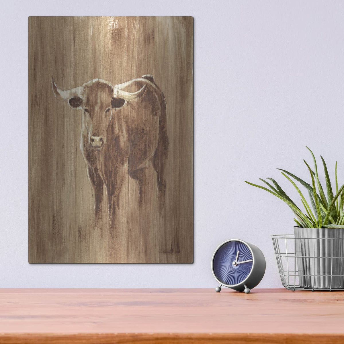 'Wood Panel Longhorn' by Ethan Harper – Metal Wall Art, 12x16 room view