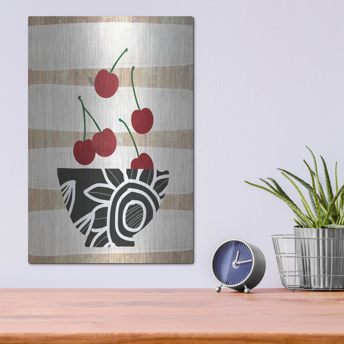 'Bowl Of Cherries On Wood' by Linda Woods – Metal Wall Art, 12x16 room view