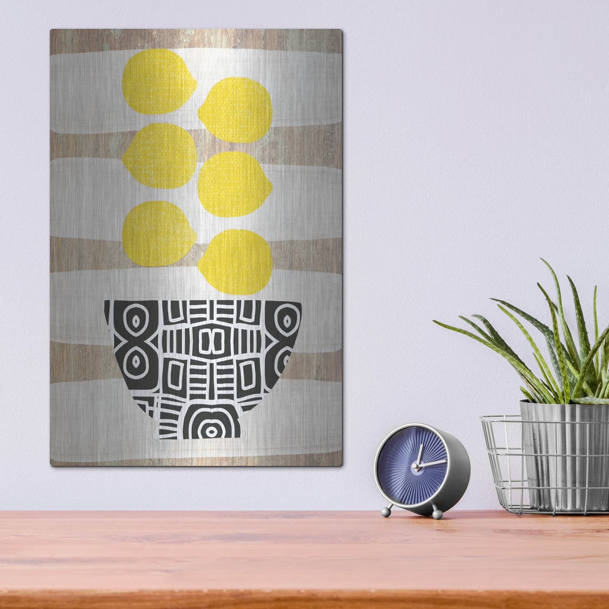 'Bowl Of Lemons On Wood' by Linda Woods – Metal Wall Art, 12x16 room view