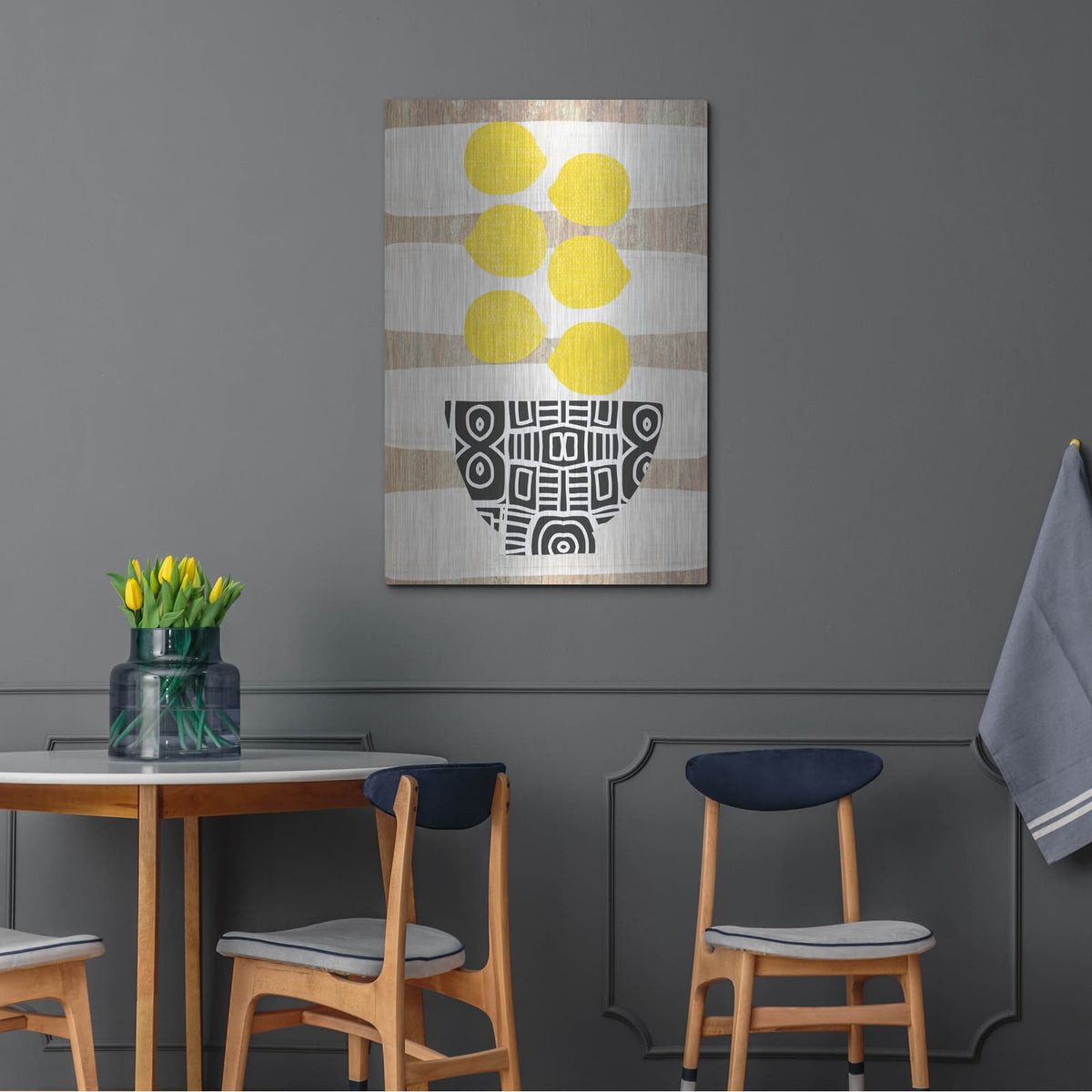 'Bowl Of Lemons On Wood' by Linda Woods – Metal Wall Art, 24x36 room view