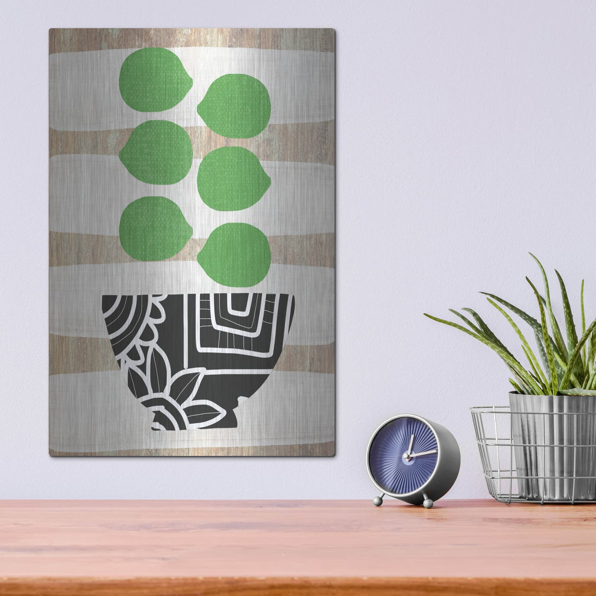 'Bowl Of Limes On Wood' by Linda Woods – Metal Wall Art, 12x16 room view