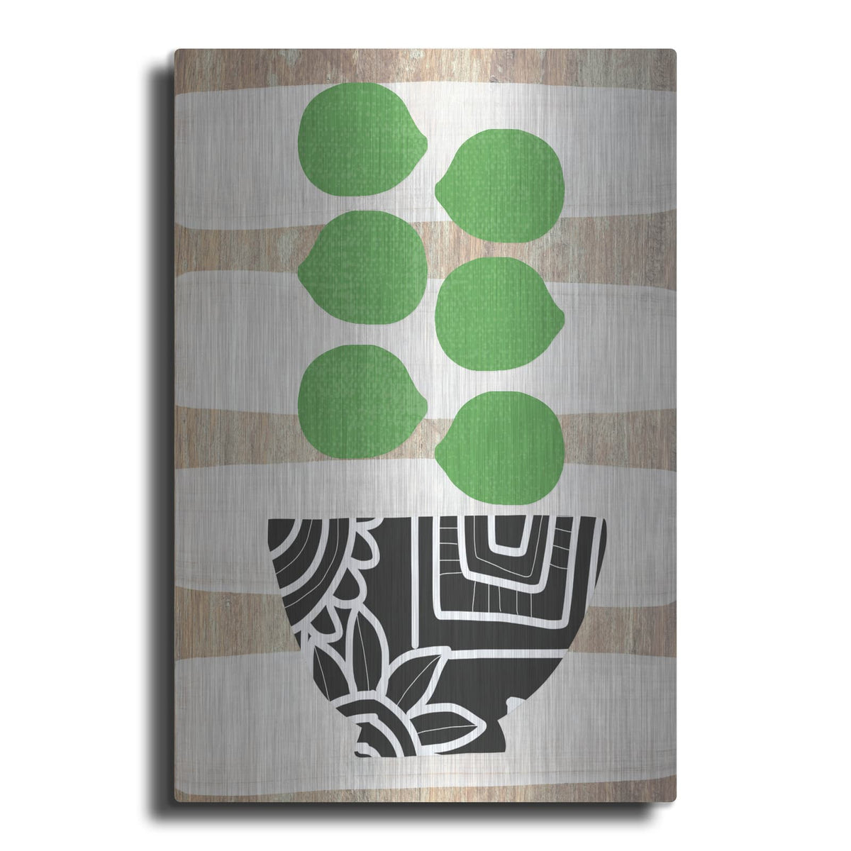 'Bowl Of Limes On Wood' by Linda Woods – Metal Wall Art