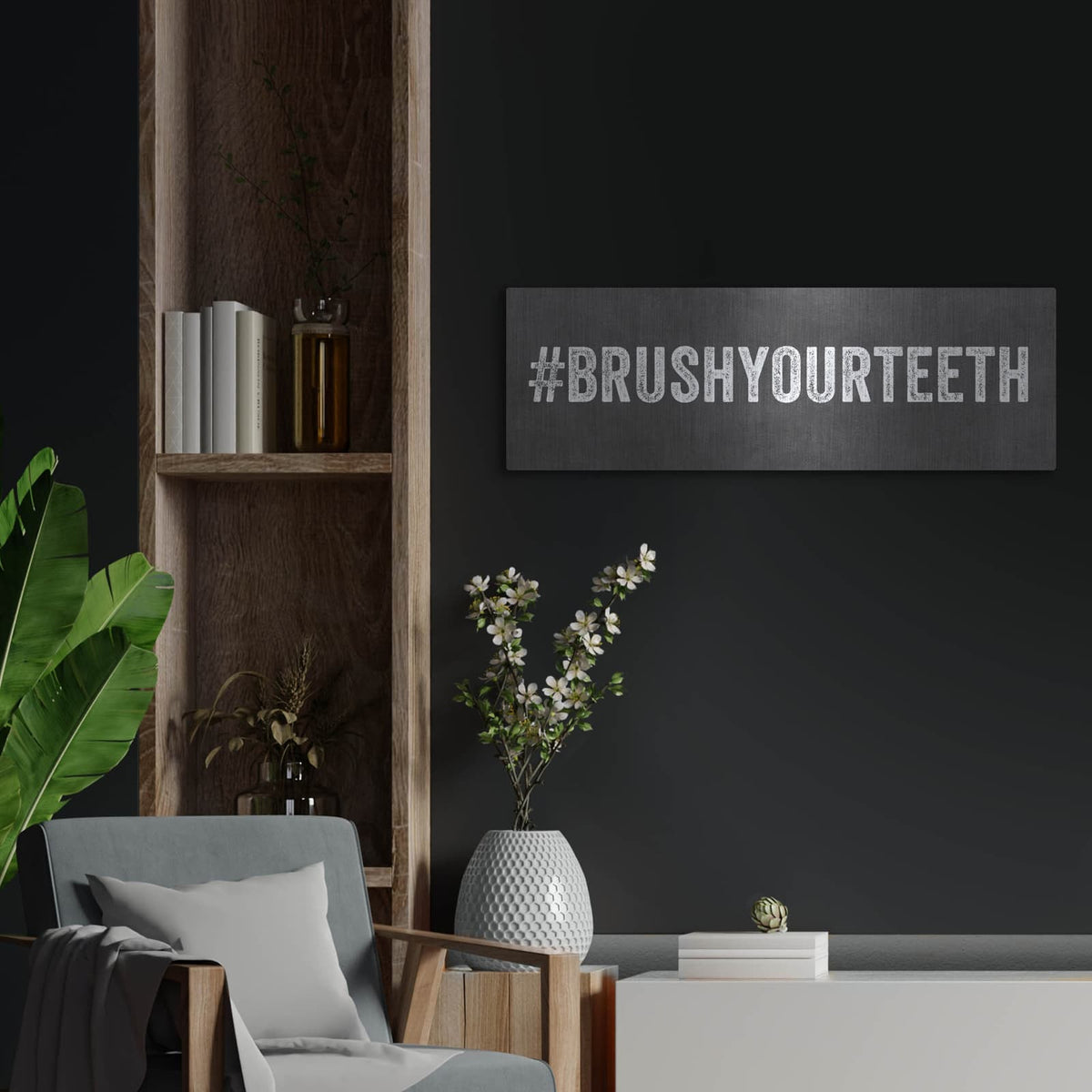 'Brush Your Teeth' by Linda Woods – Metal Wall Art, 36x12 room view