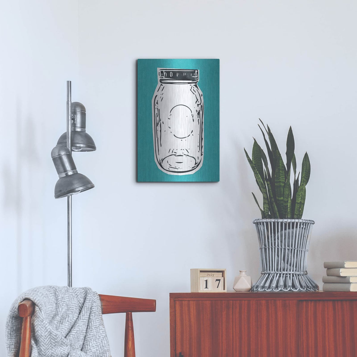 'Pop Art Mason Jar Blue' by Linda Woods – Metal Wall Art, 16x24 room view