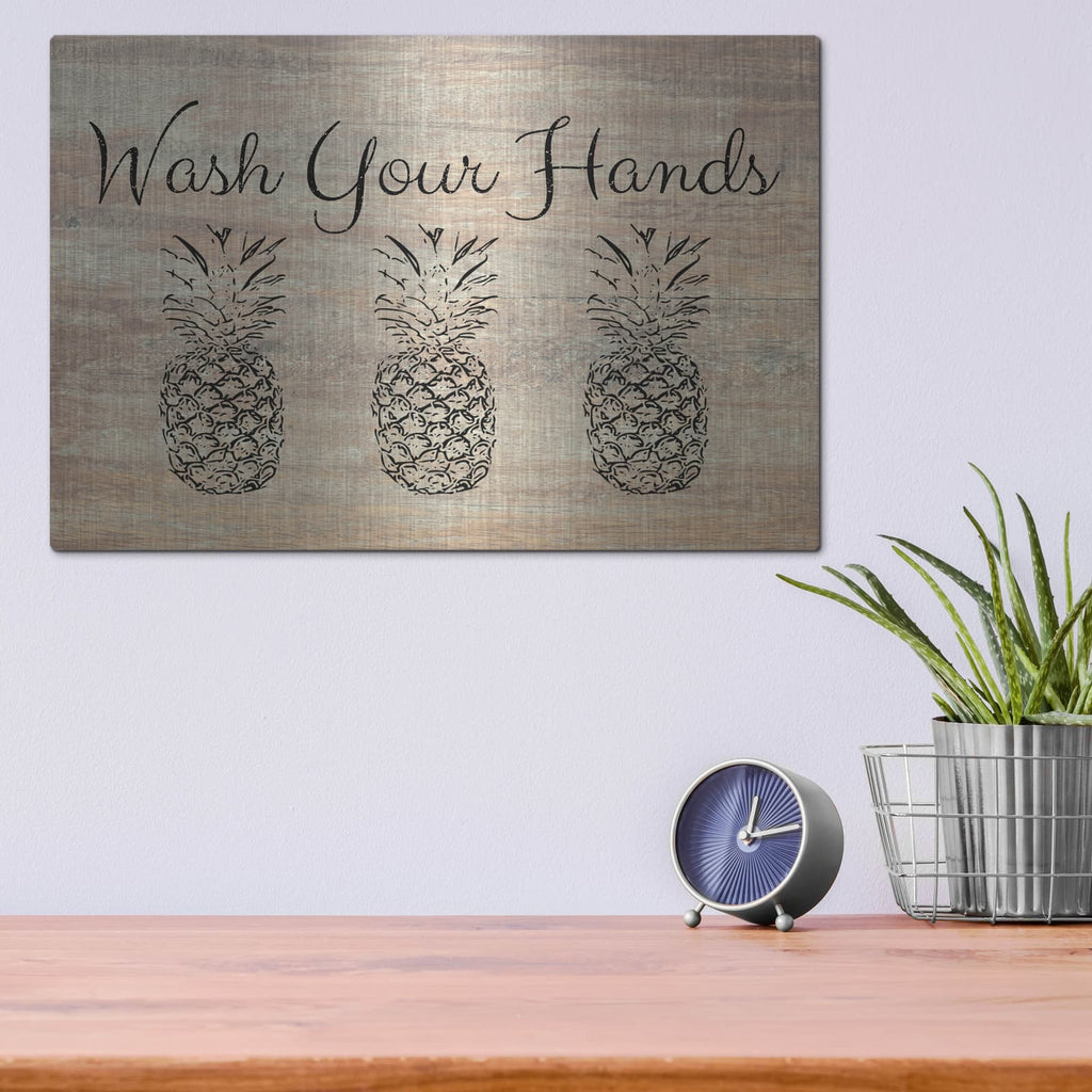 'Wash Your Hands Pineapples On Wood' by Linda Woods – Metal Wall Art, 16x12 room view