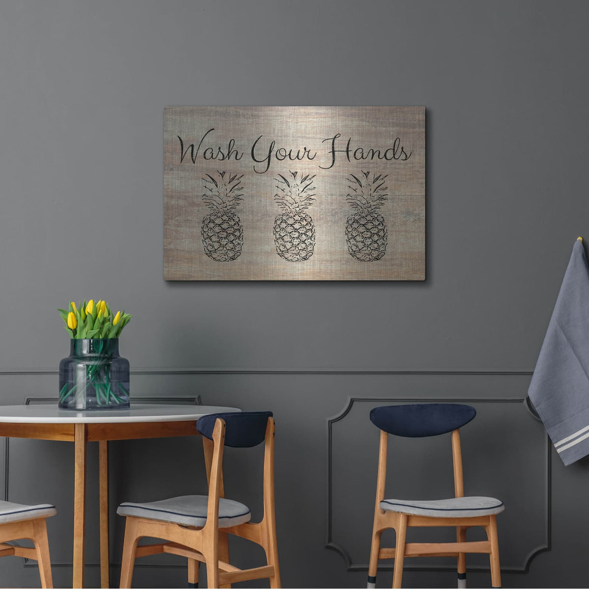 'Wash Your Hands Pineapples On Wood' by Linda Woods – Metal Wall Art, 36x24 room view