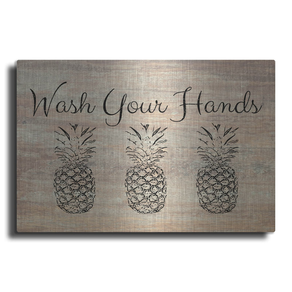 'Wash Your Hands Pineapples On Wood' by Linda Woods – Metal Wall Art