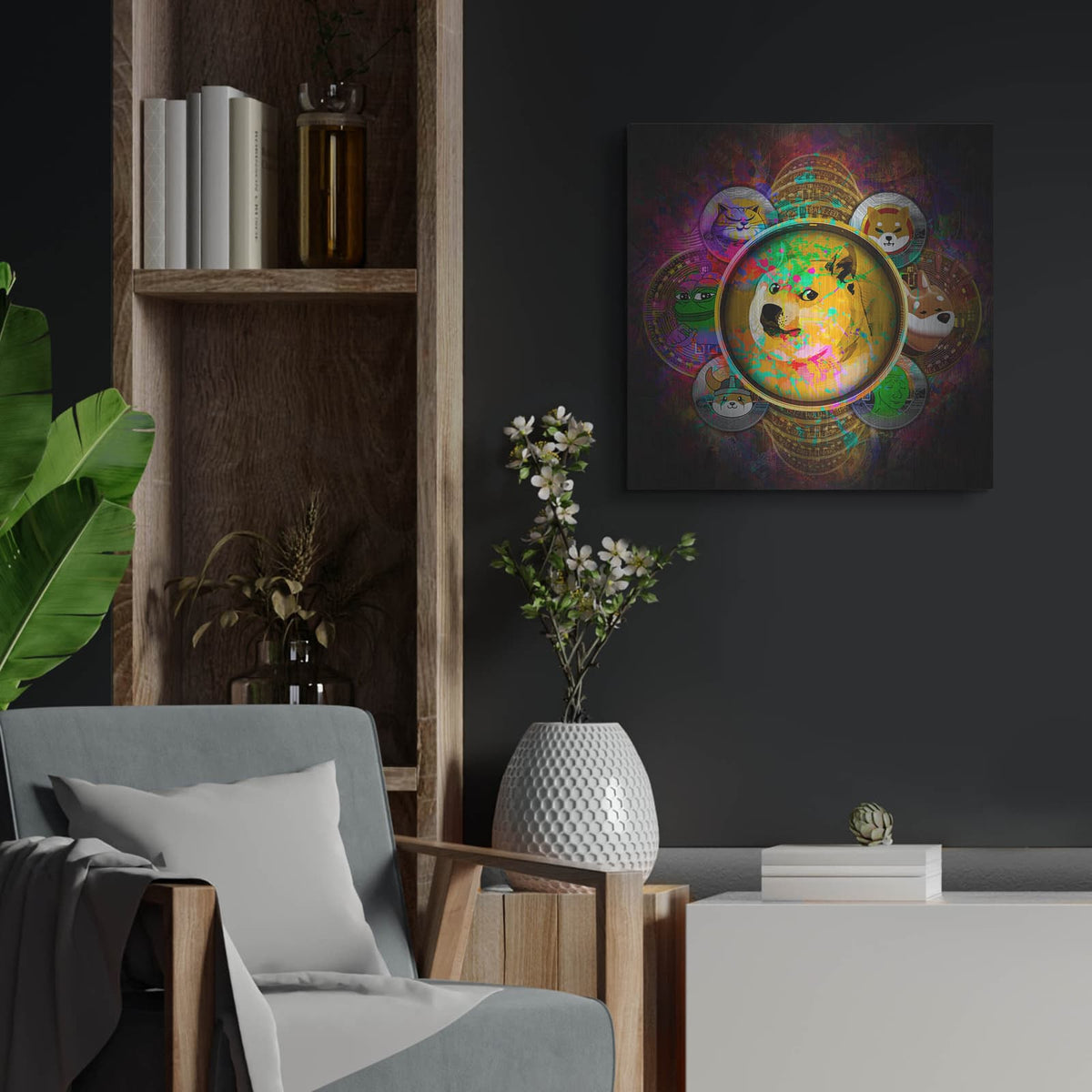 'All Coins Pyramid Meme Crypto' by Valentyn Artemenko – Metal Wall Art, 24x24 room view