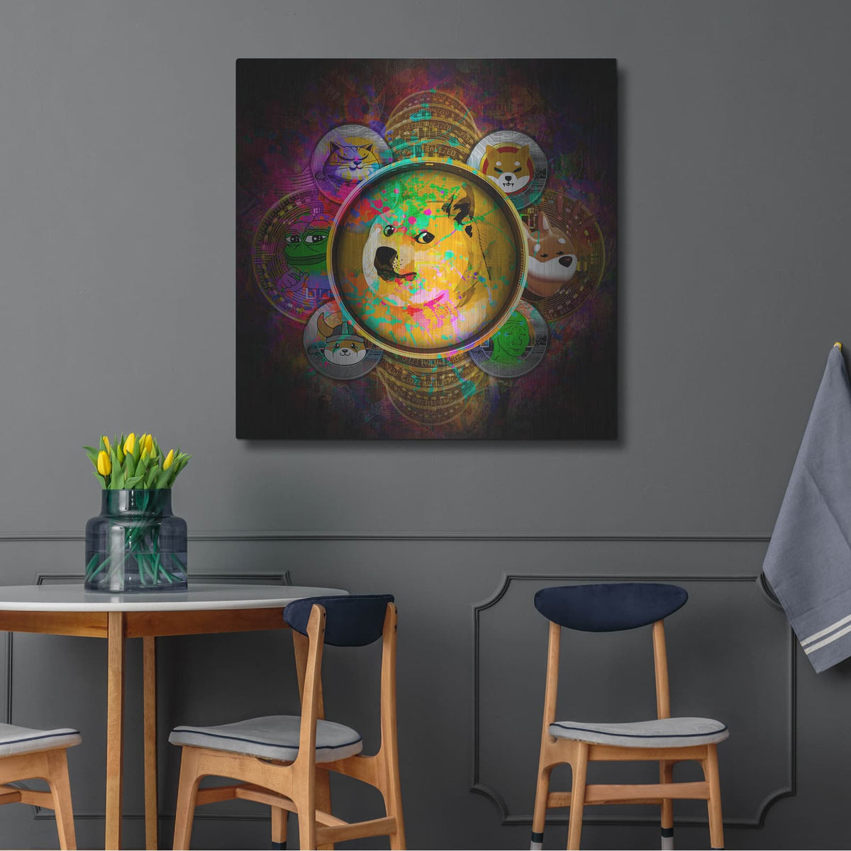 'All Coins Pyramid Meme Crypto' by Valentyn Artemenko – Metal Wall Art, 36x36 room view