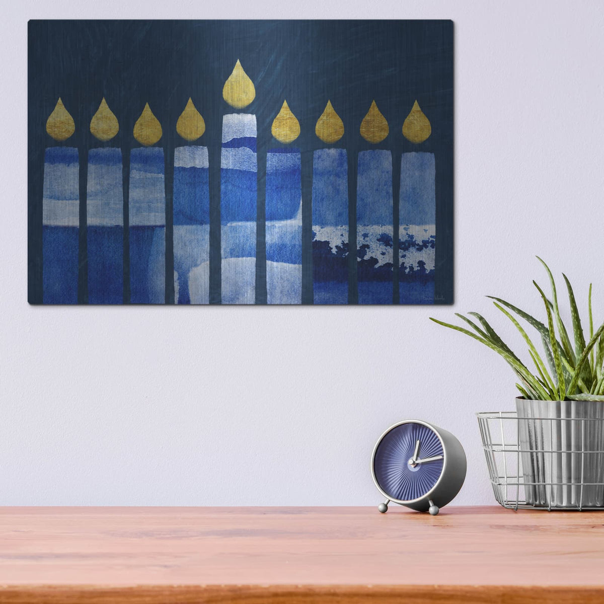 'Blue And White Menorah' by Linda Woods – Metal Wall Art, 16x12 room view