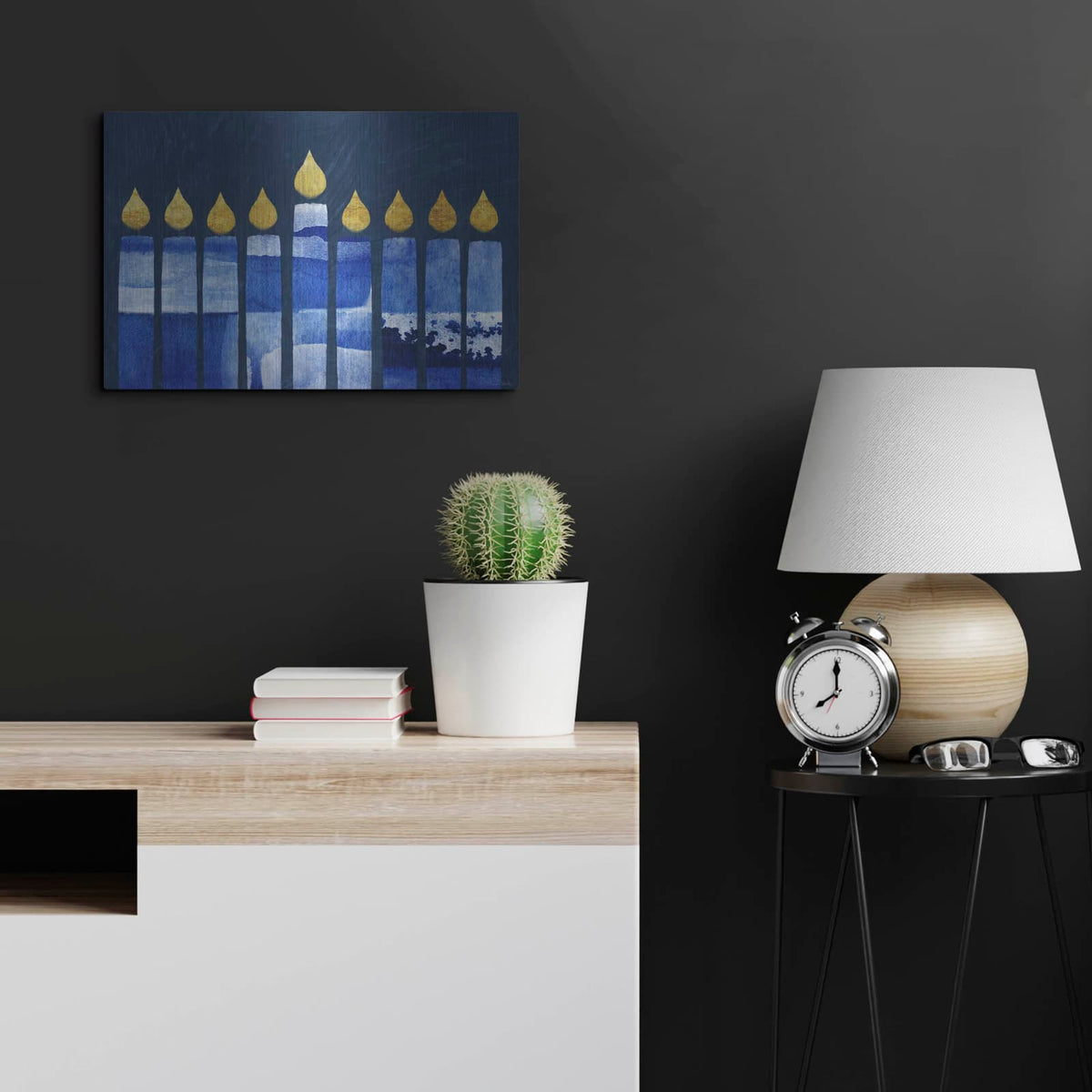 'Blue And White Menorah' by Linda Woods – Metal Wall Art, 24x16 room view