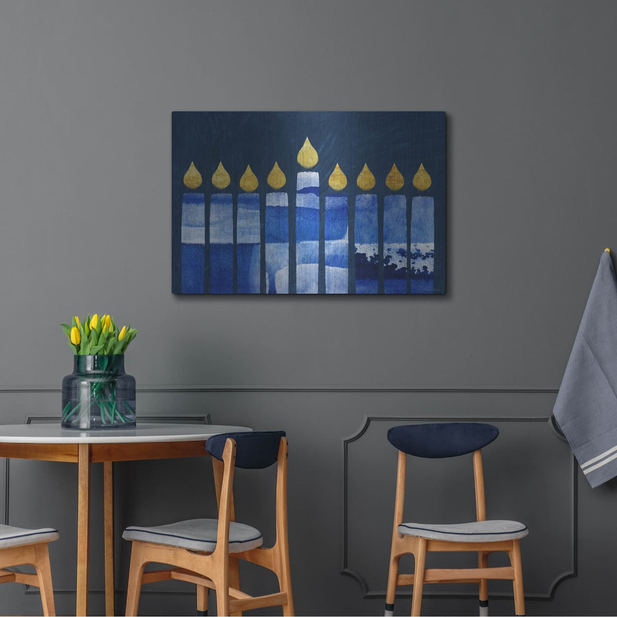 'Blue And White Menorah' by Linda Woods – Metal Wall Art, 36x24 room view