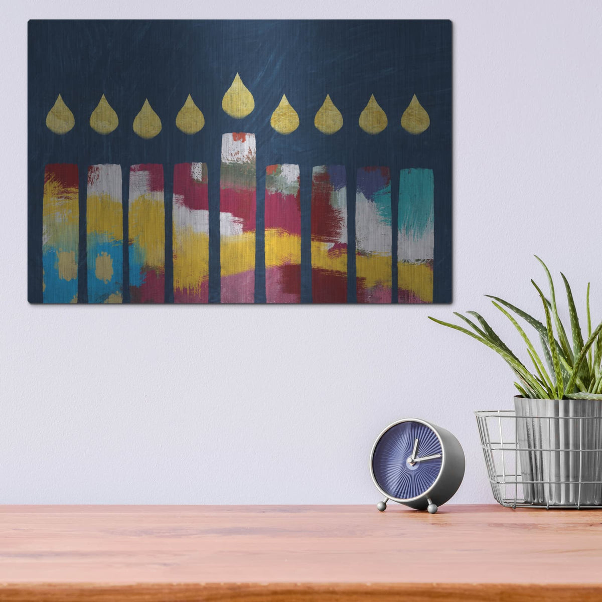 'Bold Colorful Menorah' by Linda Woods – Metal Wall Art, 16x12 room view