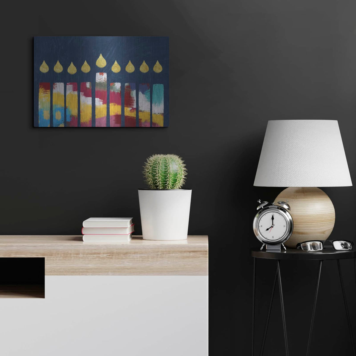 'Bold Colorful Menorah' by Linda Woods – Metal Wall Art, 24x16 room view