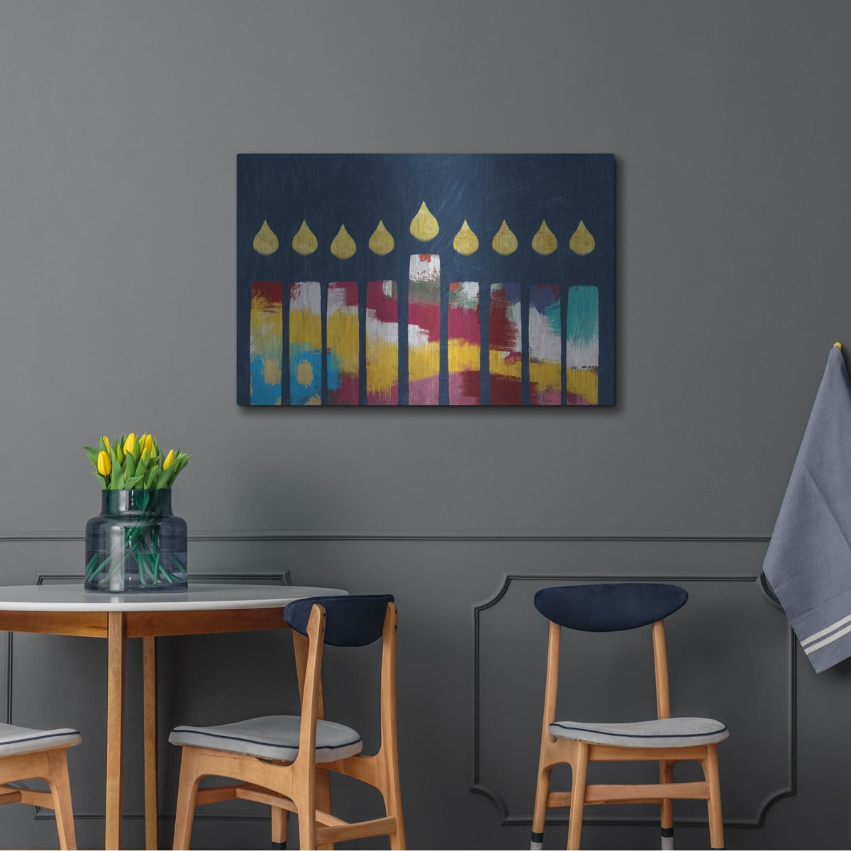 'Bold Colorful Menorah' by Linda Woods – Metal Wall Art, 36x24 room view