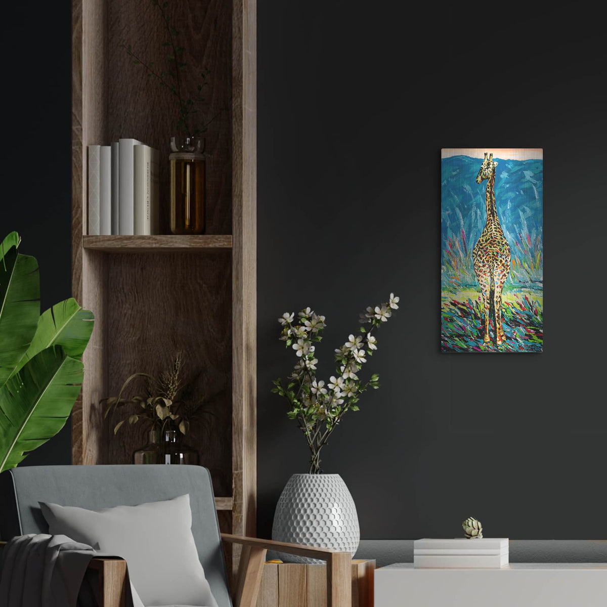 'Regal Giraffe 2' by Carolee Vitaletti – Metal Wall Art, 12x24 room view