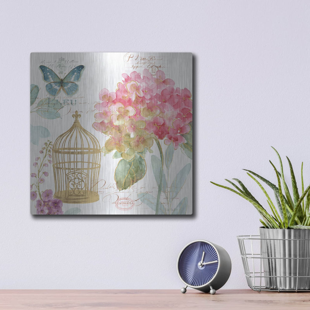 'Rainbow Seeds Floral Birdcage II' by Lisa Audit – Metal Wall Art, 12x12 room view