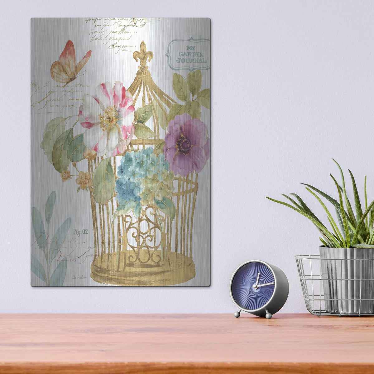 'Rainbow Seeds Romantic Birdcage I' by Lisa Audit – Metal Wall Art, 12x16 room view