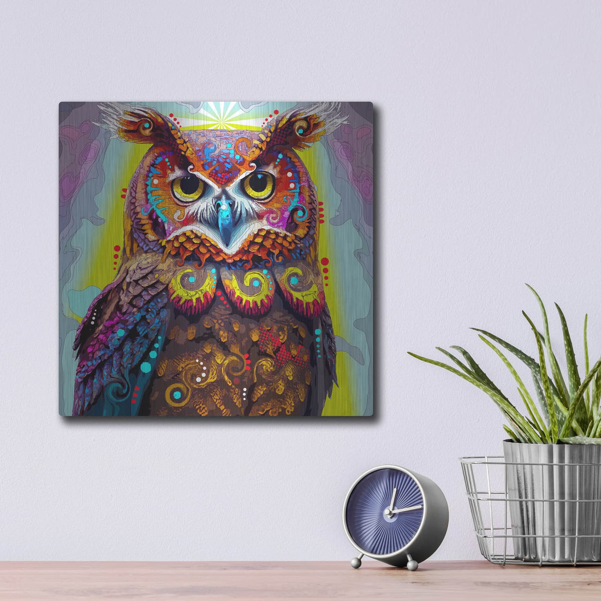 'Owl' by Dean Russo – Metal Wall Art, 12x12 room view