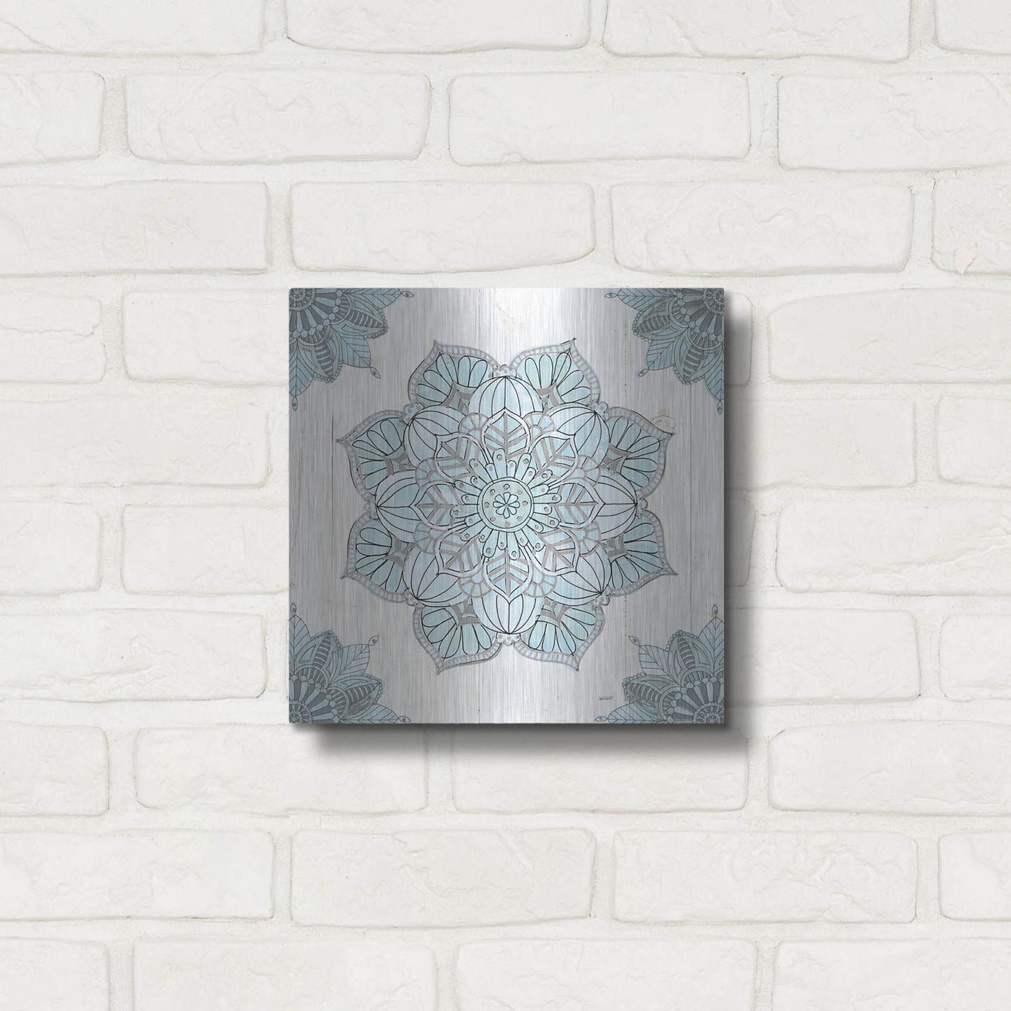 Luxe Metal Art 'Mandala Morning V Blue and Gray' by Anne Tavoletti, Metal Wall Art,12x12