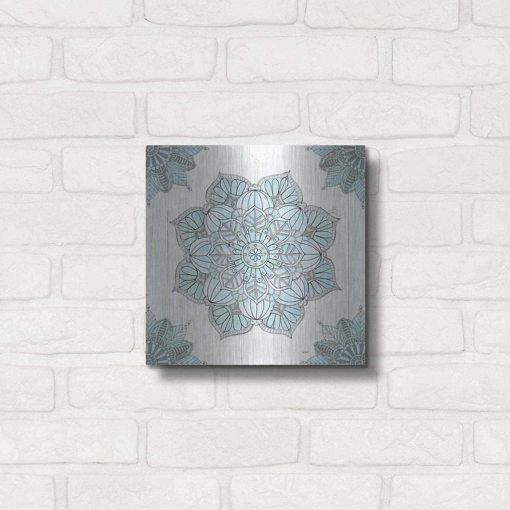 Luxe Metal Art 'Mandala Morning V Blue and Gray' by Anne Tavoletti, Metal Wall Art,12x12