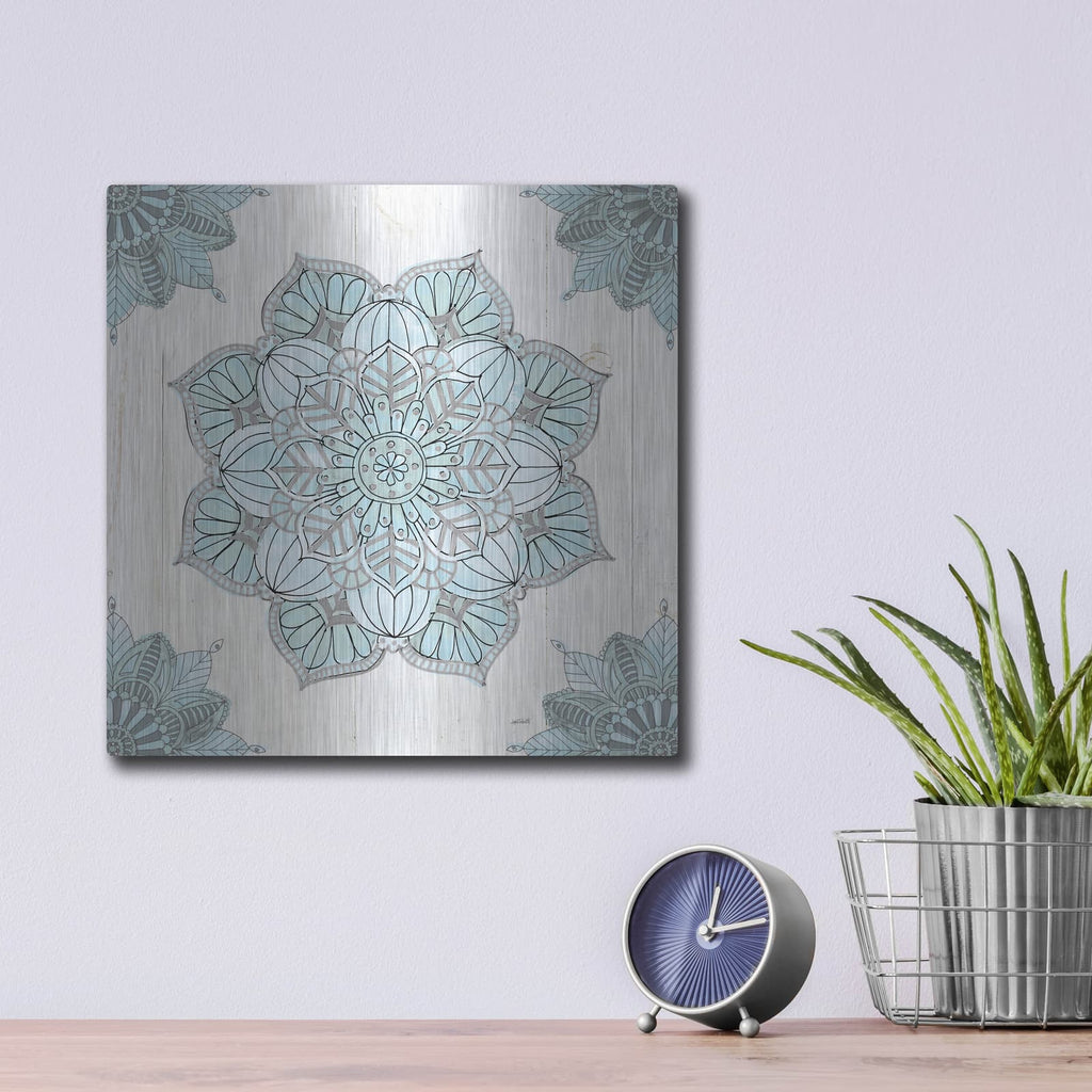 'Mandala Morning V Blue and Gray' by Anne Tavoletti – Metal Wall Art, 12x12 room view