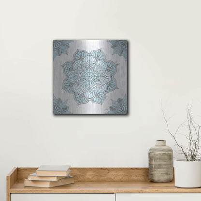 Luxe Metal Art 'Mandala Morning V Blue and Gray' by Anne Tavoletti, Metal Wall Art,12x12