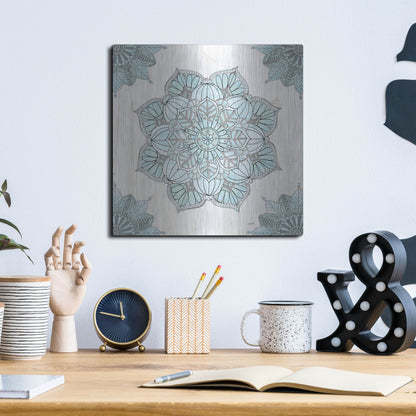 Luxe Metal Art 'Mandala Morning V Blue and Gray' by Anne Tavoletti, Metal Wall Art,12x12
