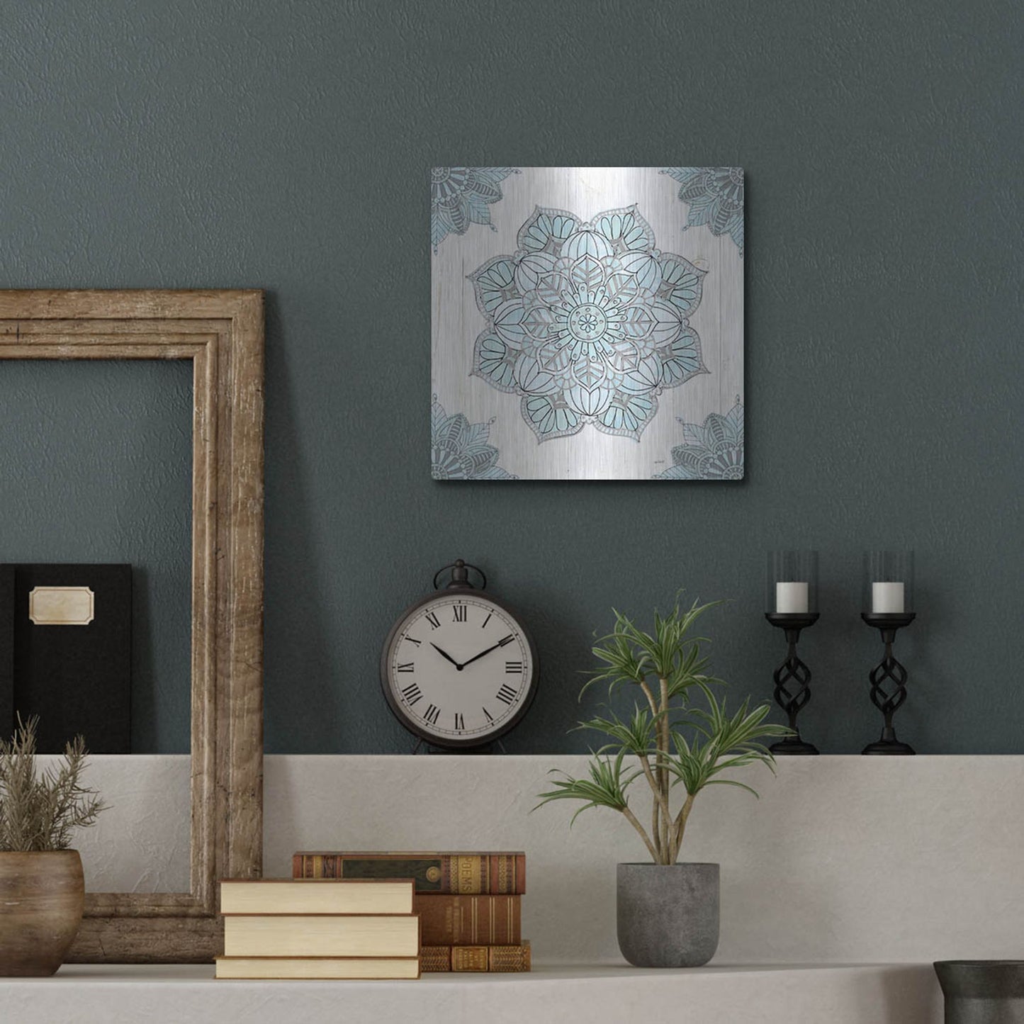 Luxe Metal Art 'Mandala Morning V Blue and Gray' by Anne Tavoletti, Metal Wall Art,12x12