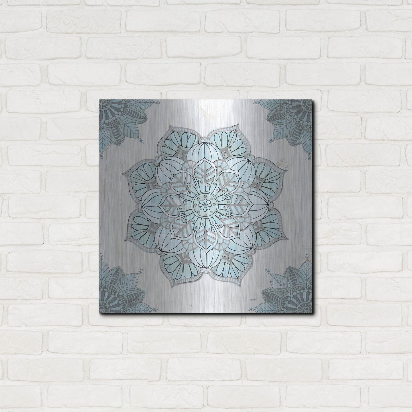 Luxe Metal Art 'Mandala Morning V Blue and Gray' by Anne Tavoletti, Metal Wall Art,24x24