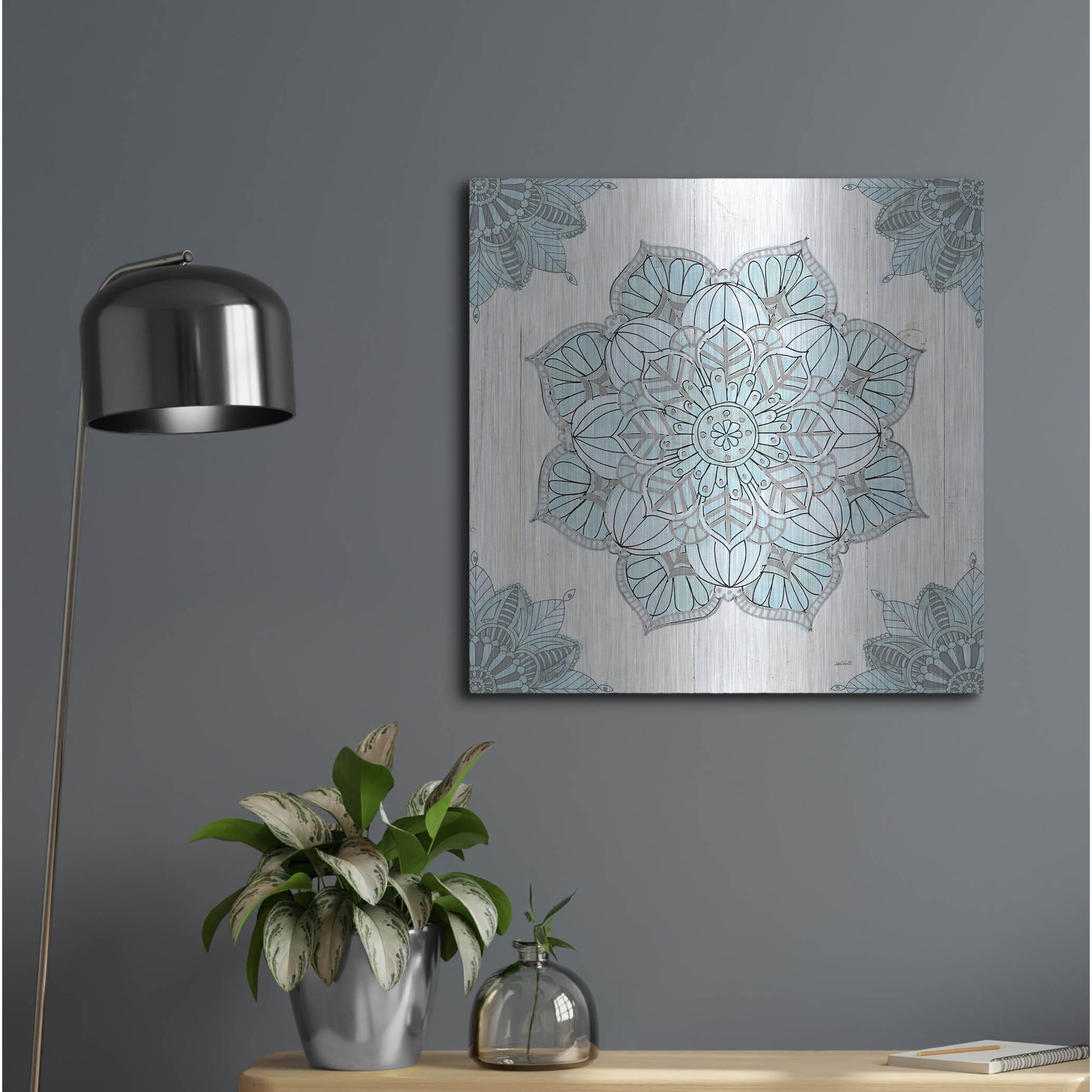 Luxe Metal Art 'Mandala Morning V Blue and Gray' by Anne Tavoletti, Metal Wall Art,24x24