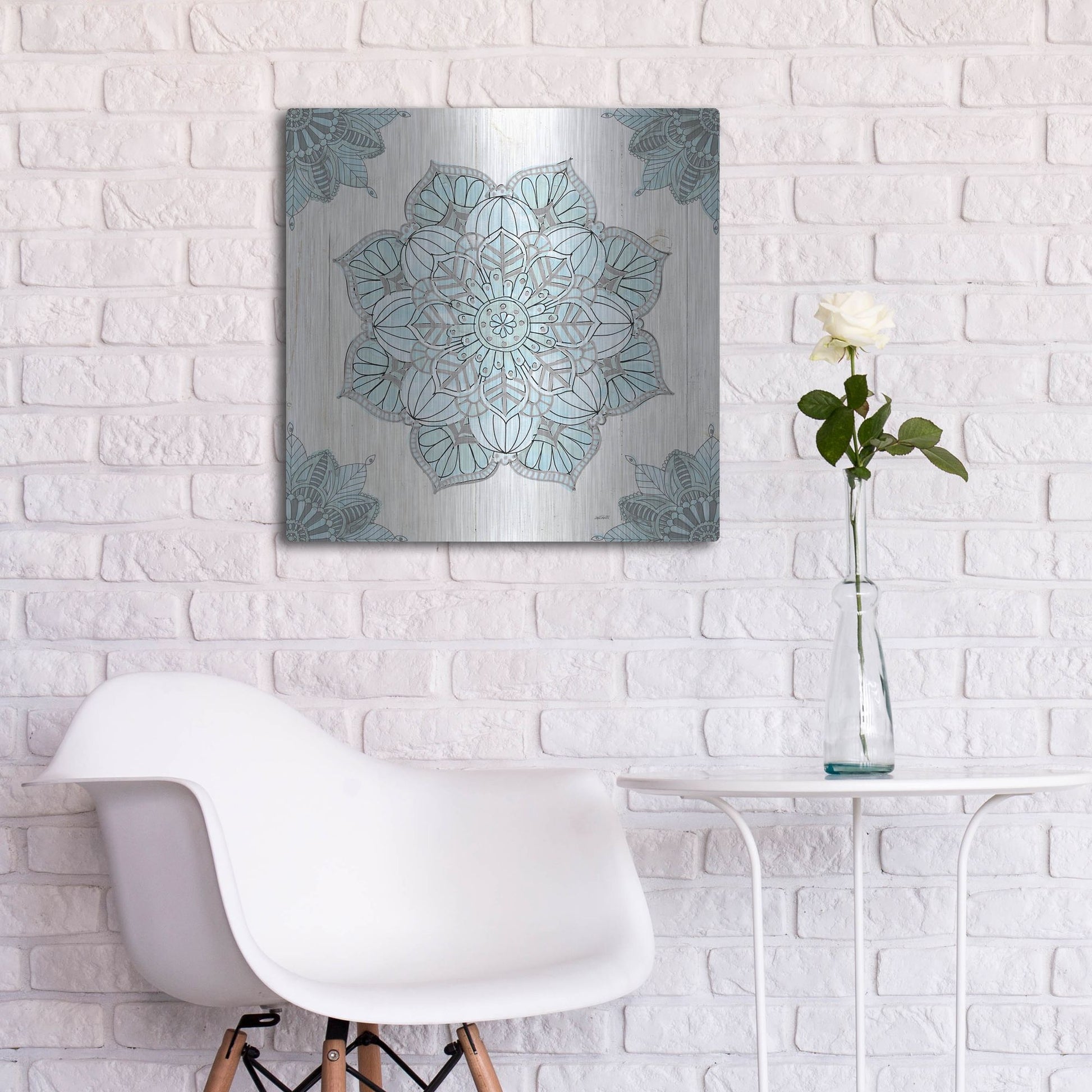 Luxe Metal Art 'Mandala Morning V Blue and Gray' by Anne Tavoletti, Metal Wall Art,24x24