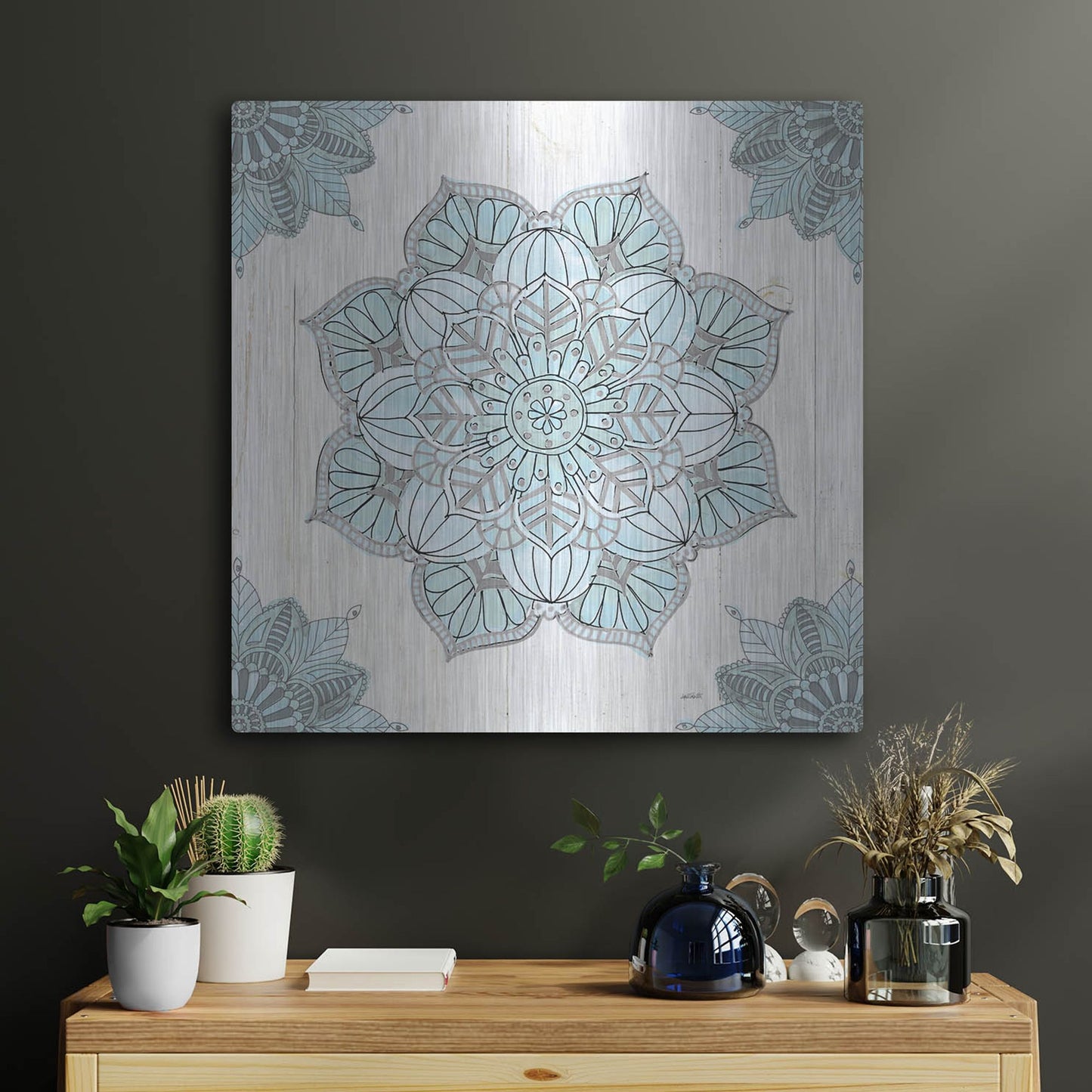 Luxe Metal Art 'Mandala Morning V Blue and Gray' by Anne Tavoletti, Metal Wall Art,24x24