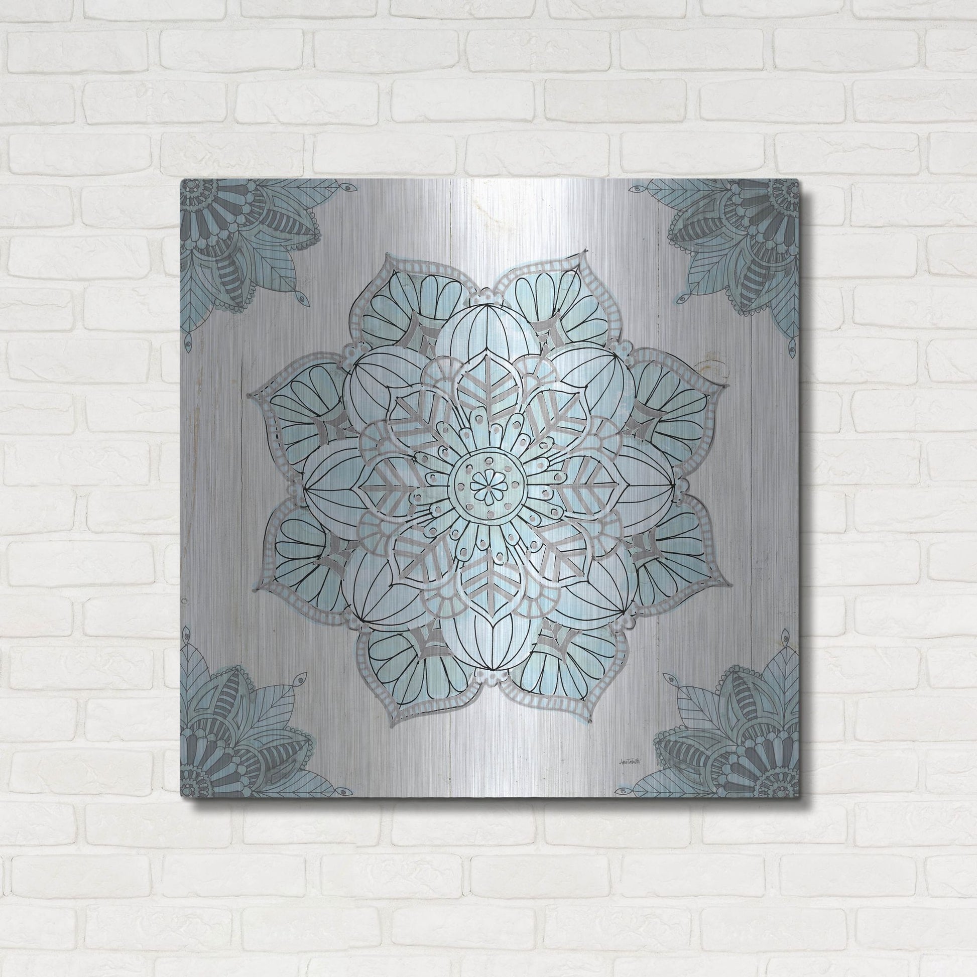 Luxe Metal Art 'Mandala Morning V Blue and Gray' by Anne Tavoletti, Metal Wall Art,36x36