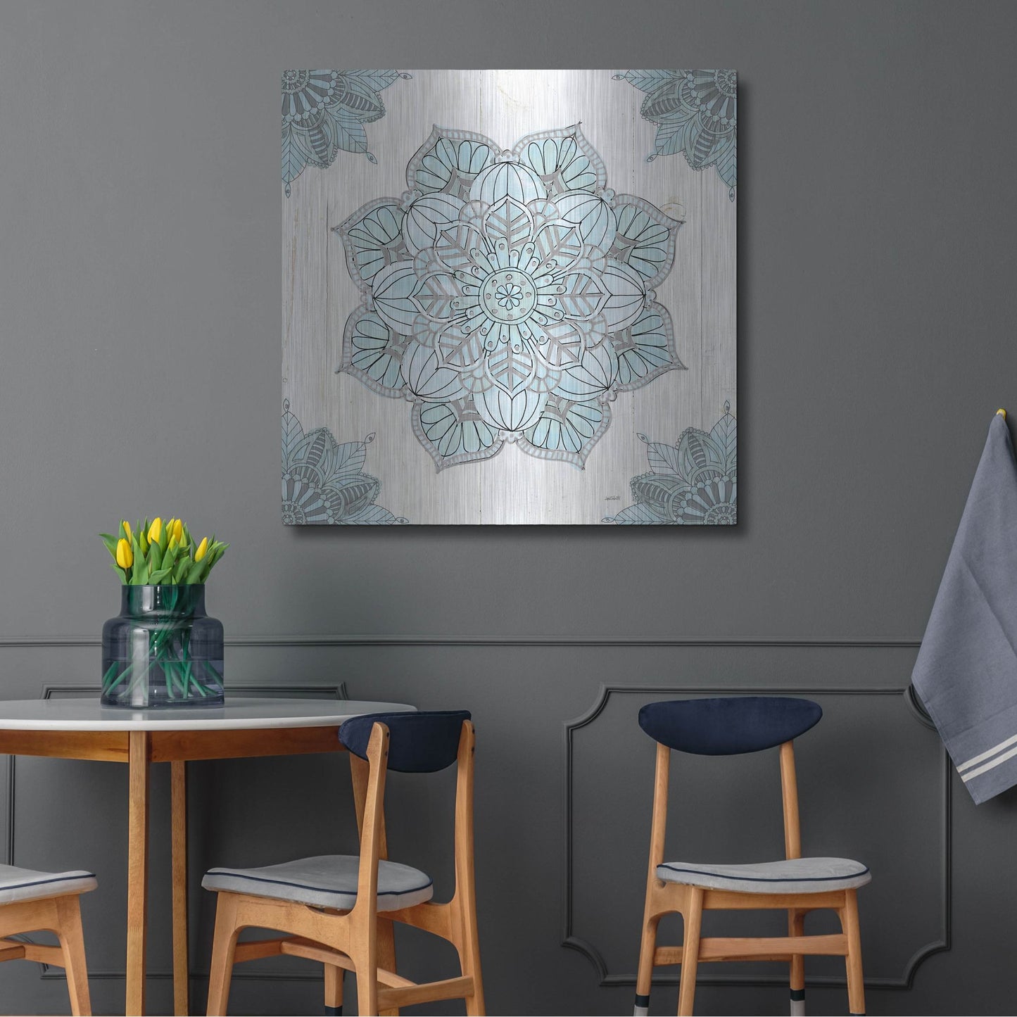 Luxe Metal Art 'Mandala Morning V Blue and Gray' by Anne Tavoletti, Metal Wall Art,36x36