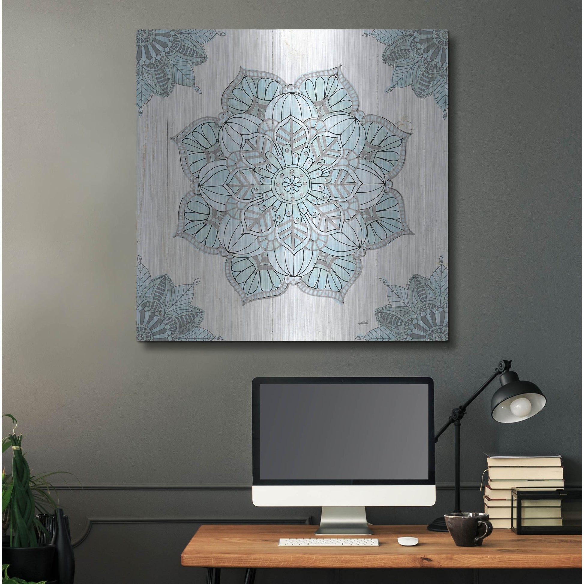 Luxe Metal Art 'Mandala Morning V Blue and Gray' by Anne Tavoletti, Metal Wall Art,36x36