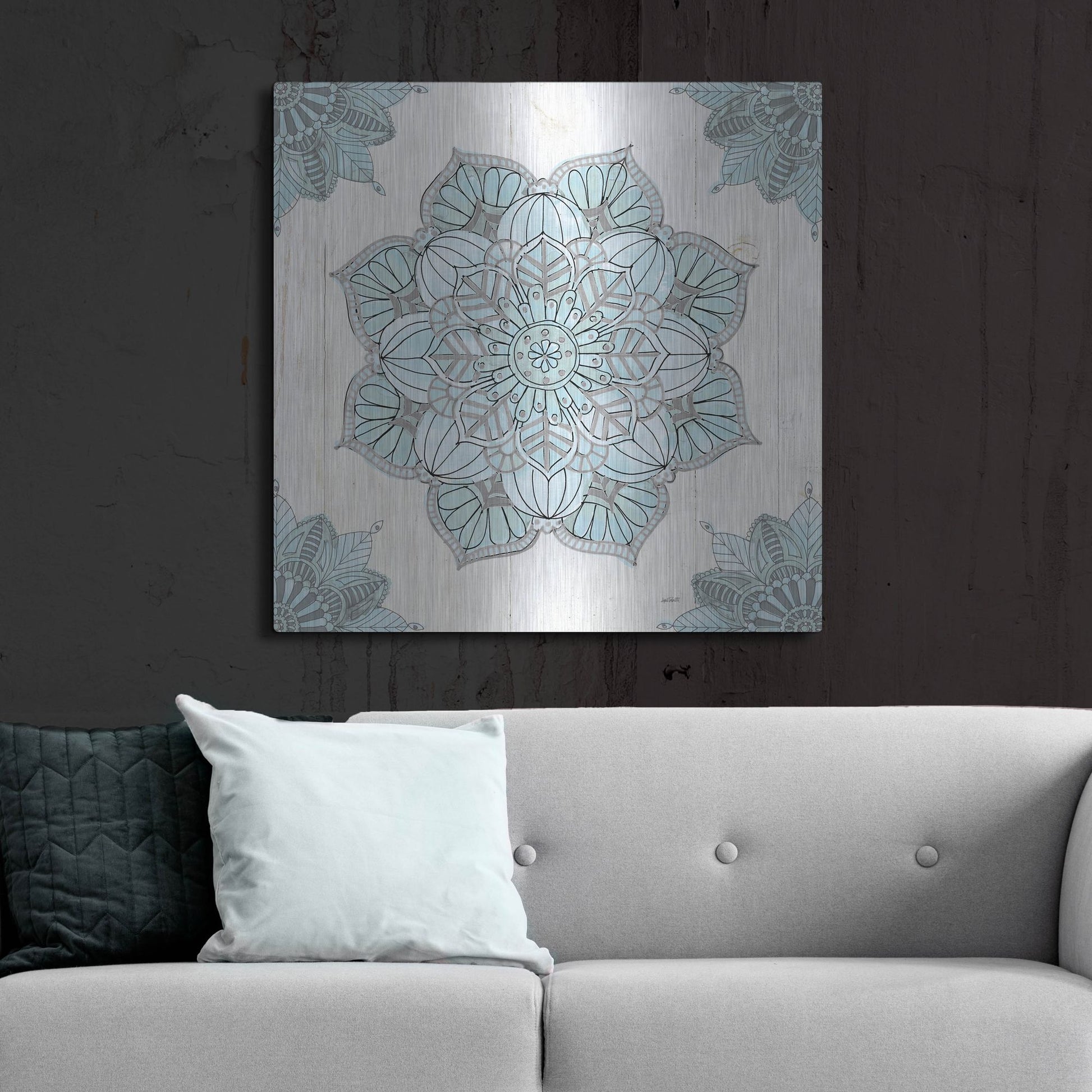 Luxe Metal Art 'Mandala Morning V Blue and Gray' by Anne Tavoletti, Metal Wall Art,36x36