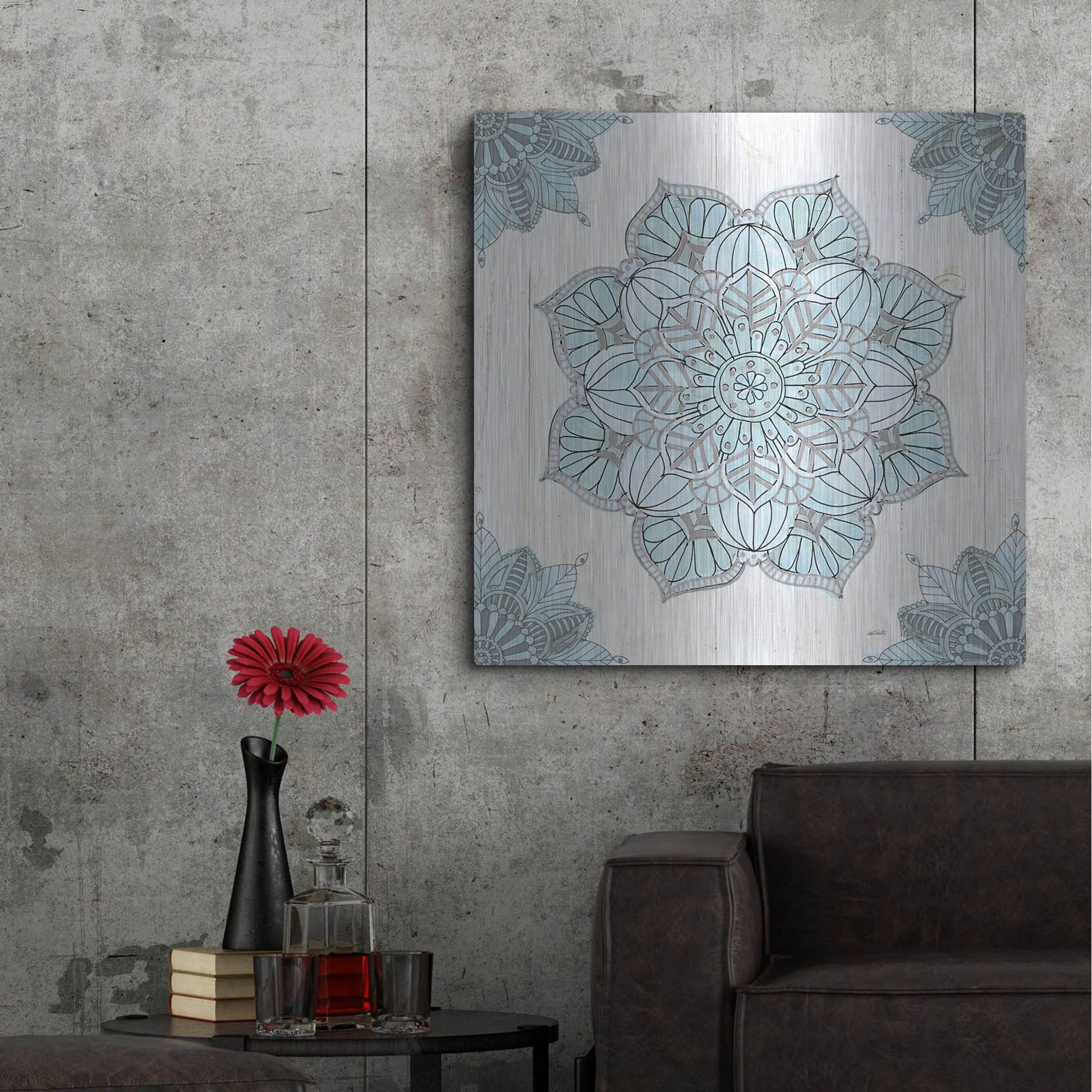Luxe Metal Art 'Mandala Morning V Blue and Gray' by Anne Tavoletti, Metal Wall Art,36x36