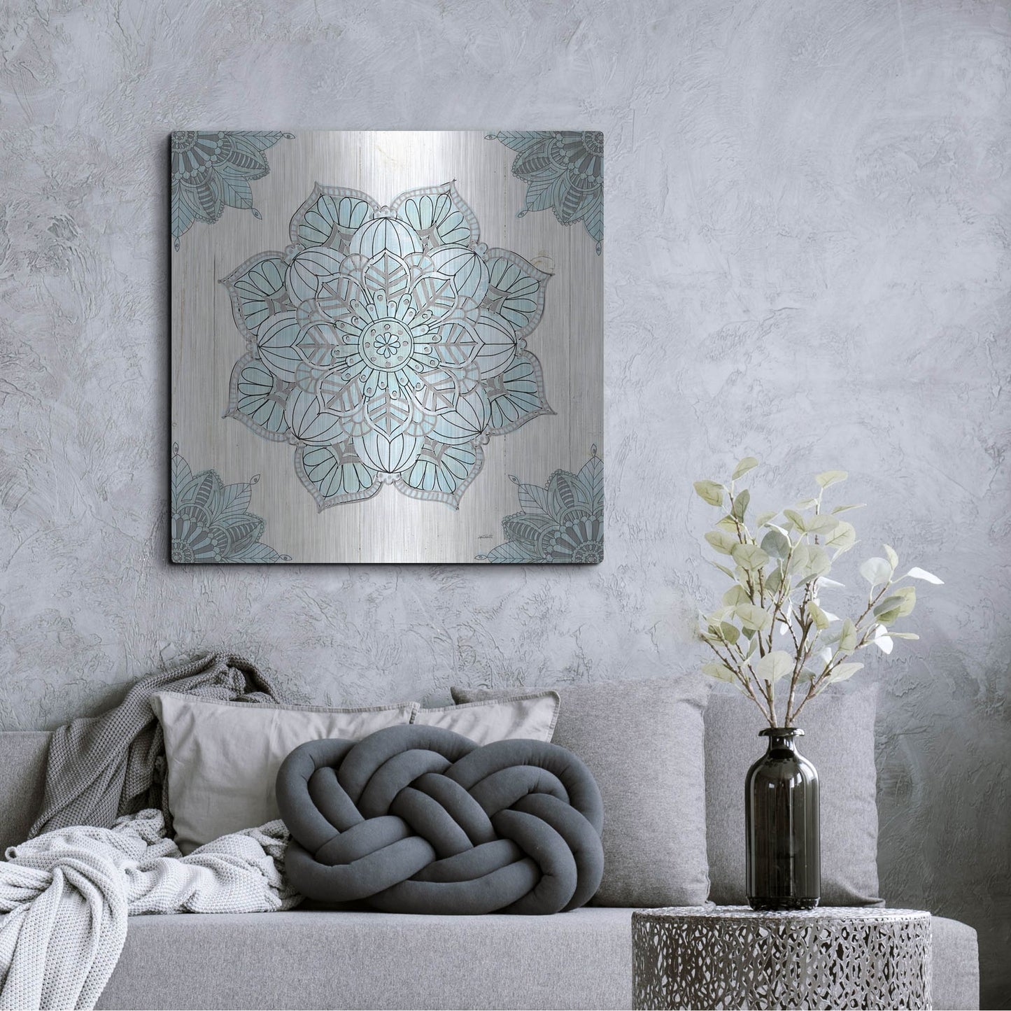 Luxe Metal Art 'Mandala Morning V Blue and Gray' by Anne Tavoletti, Metal Wall Art,36x36