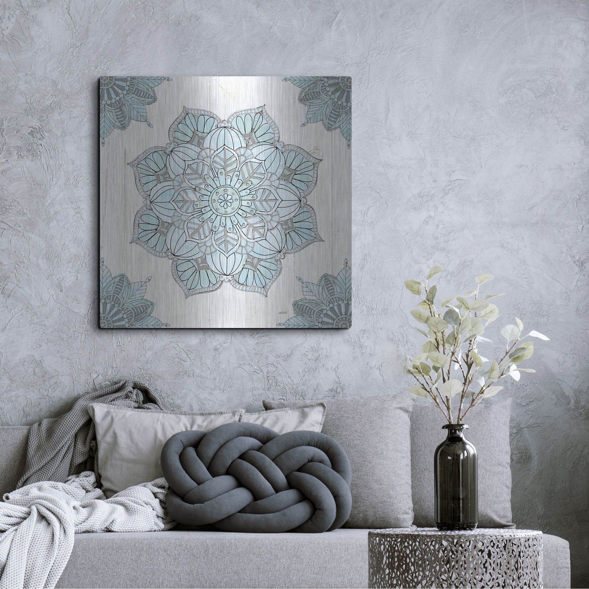 Luxe Metal Art 'Mandala Morning V Blue and Gray' by Anne Tavoletti, Metal Wall Art,36x36