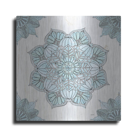 Luxe Metal Art 'Mandala Morning V Blue and Gray' by Anne Tavoletti, Metal Wall Art