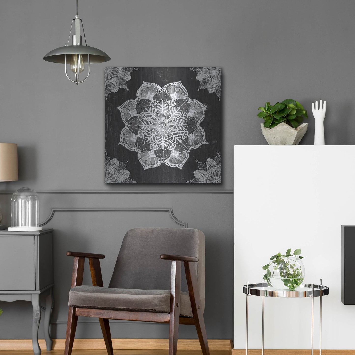 Luxe Metal Art 'Mandala Morning V Black and White' by Anne Tavoletti, Metal Wall Art,24x24