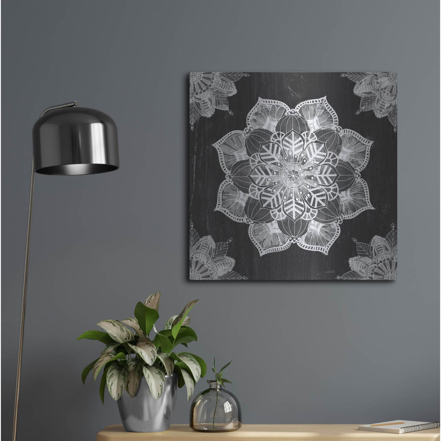 Luxe Metal Art 'Mandala Morning V Black and White' by Anne Tavoletti, Metal Wall Art,24x24