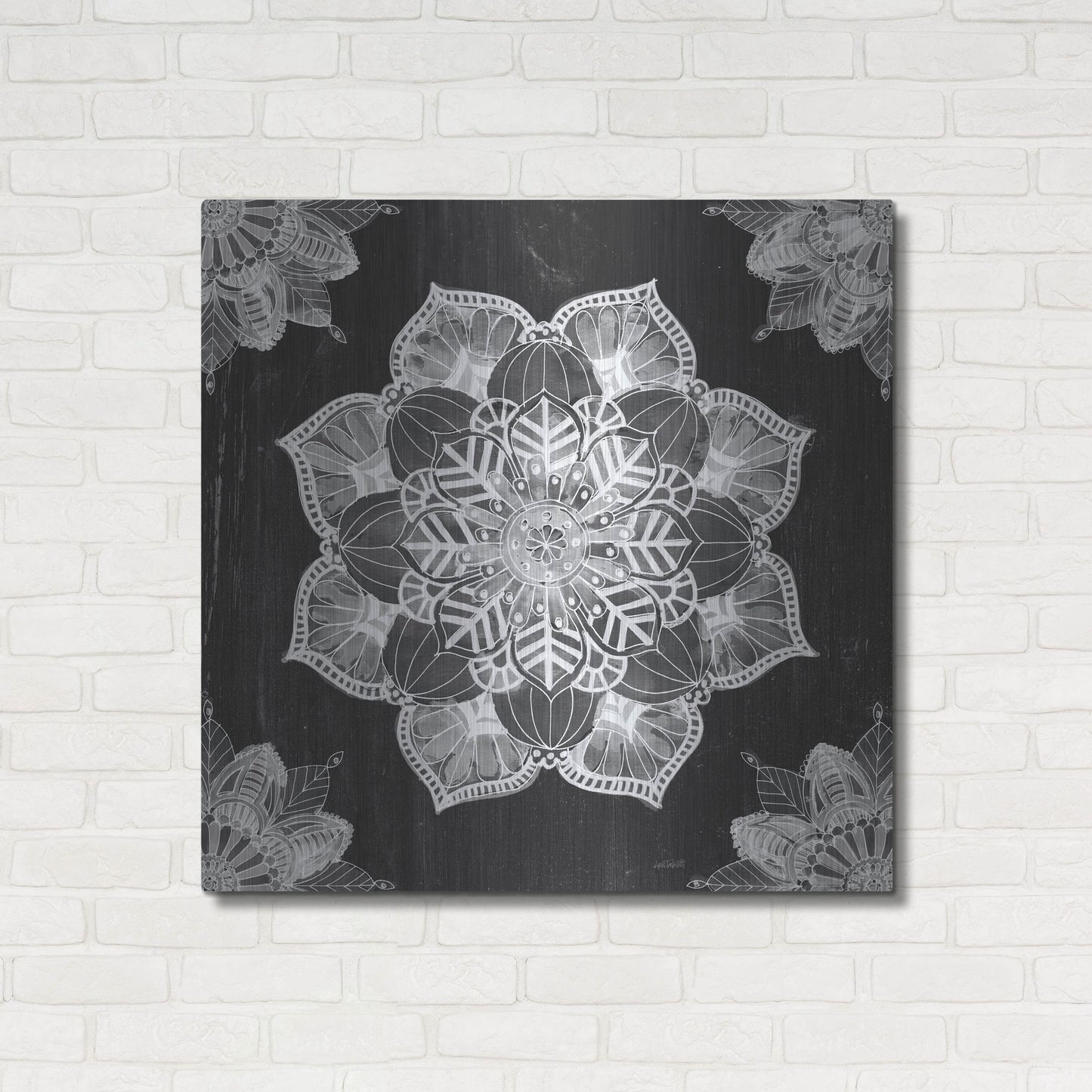 Luxe Metal Art 'Mandala Morning V Black and White' by Anne Tavoletti, Metal Wall Art,36x36