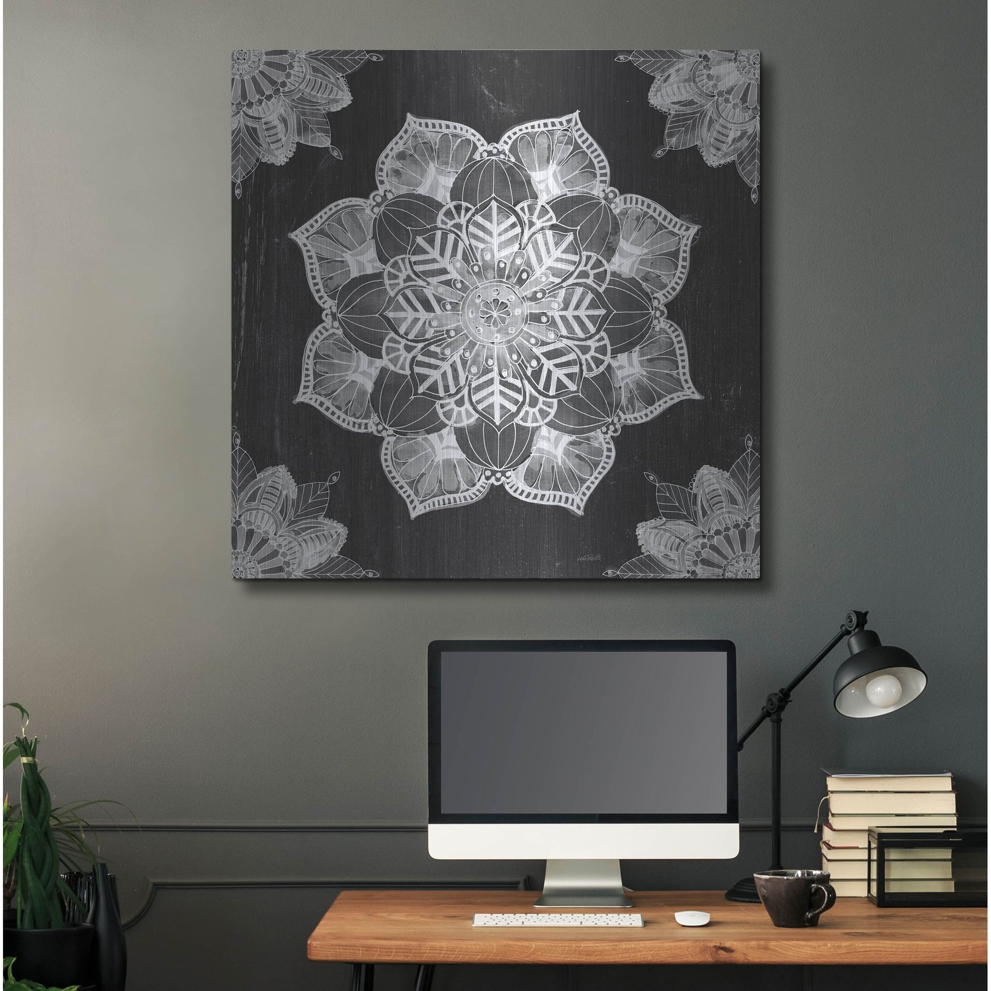 Luxe Metal Art 'Mandala Morning V Black and White' by Anne Tavoletti, Metal Wall Art,36x36