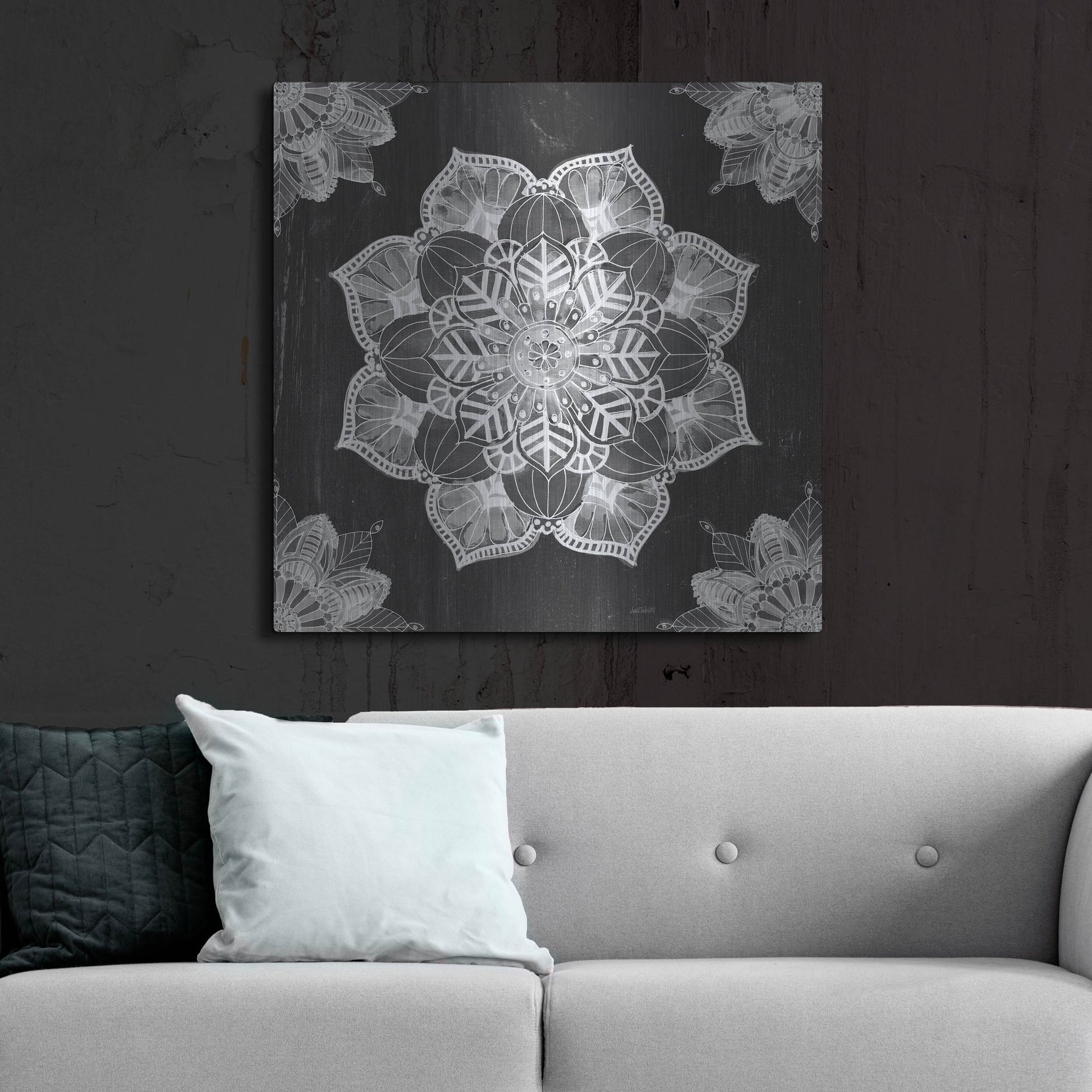 Luxe Metal Art 'Mandala Morning V Black and White' by Anne Tavoletti, Metal Wall Art,36x36