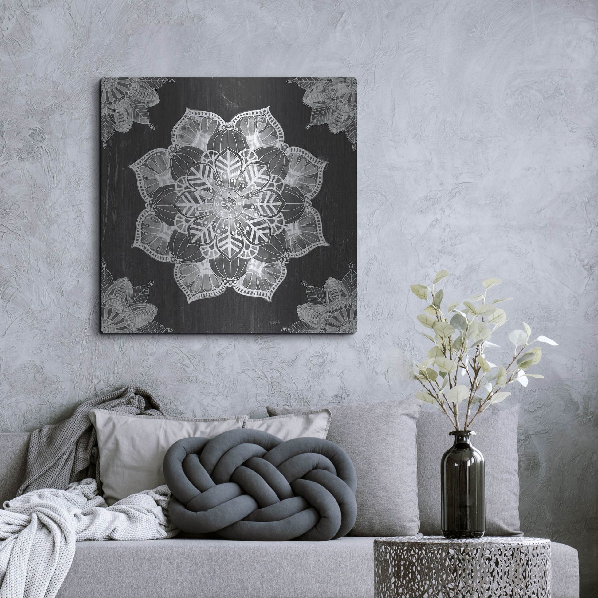 Luxe Metal Art 'Mandala Morning V Black and White' by Anne Tavoletti, Metal Wall Art,36x36