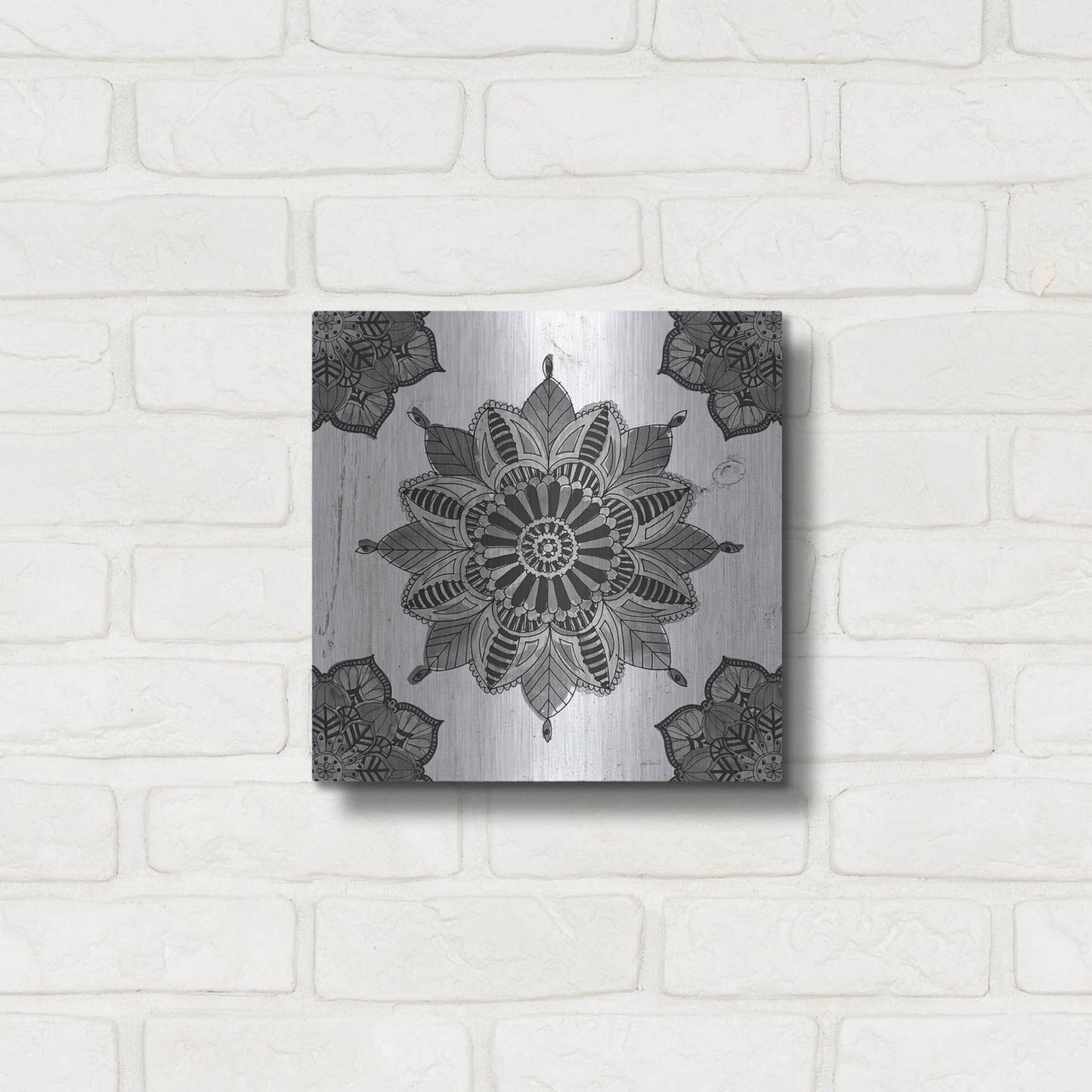 Luxe Metal Art 'Mandala Morning VI Black and White' by Anne Tavoletti, Metal Wall Art,12x12